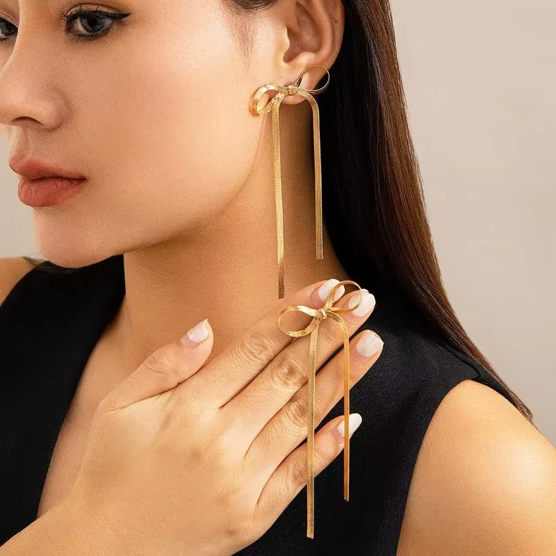 Long Tassel Bow Dangle Earrings