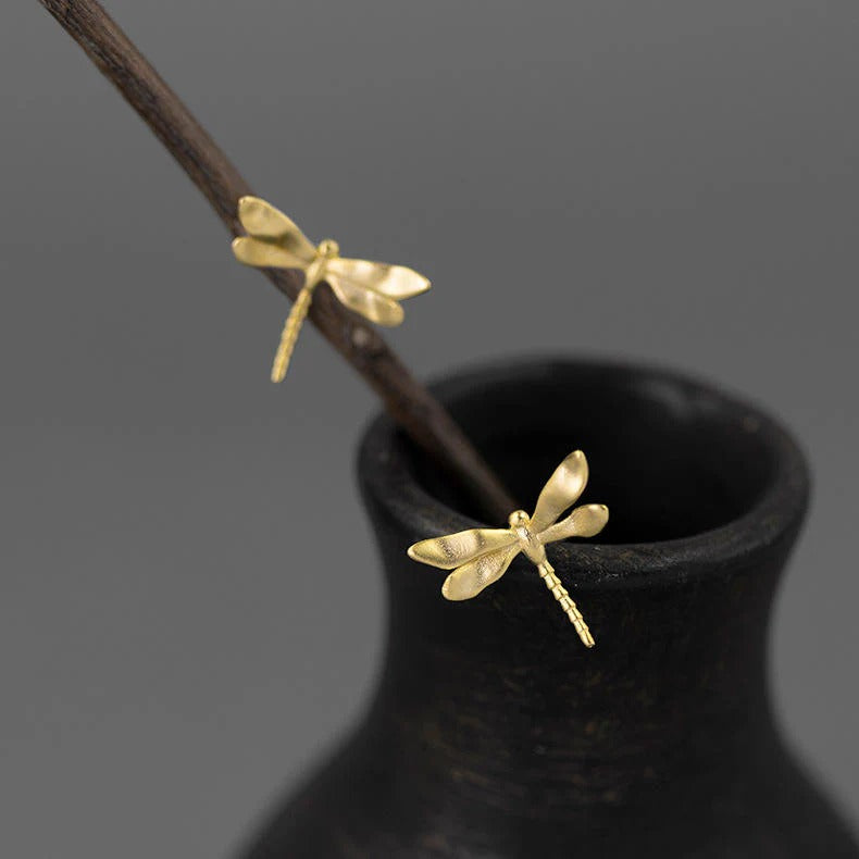 Shimmering Gold Dragonfly Studs Nature Chick Design